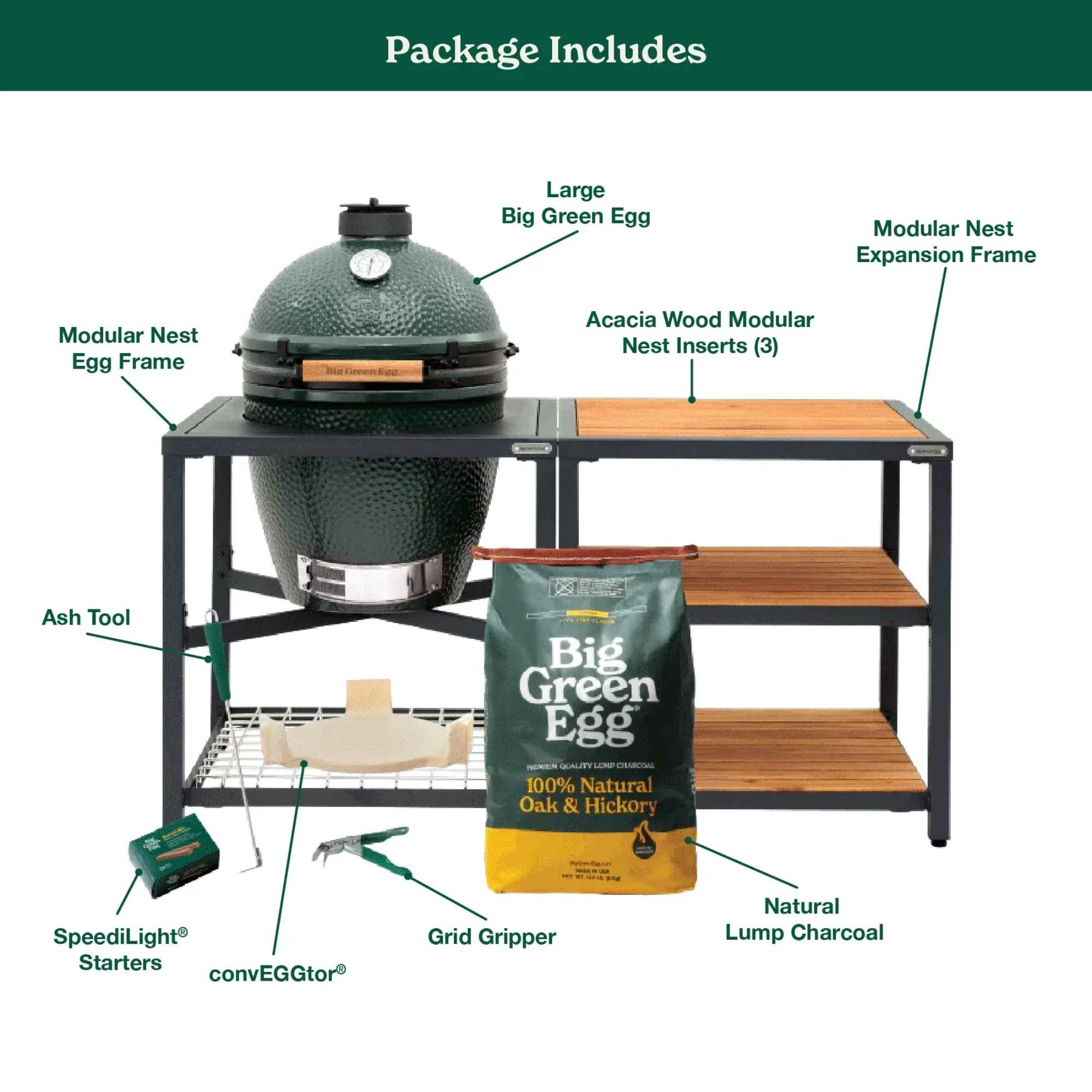 Big Green Egg Large Charcoal Grill in Modular Nest with Expansion & 3 Acacia Inserts Package - Image 2