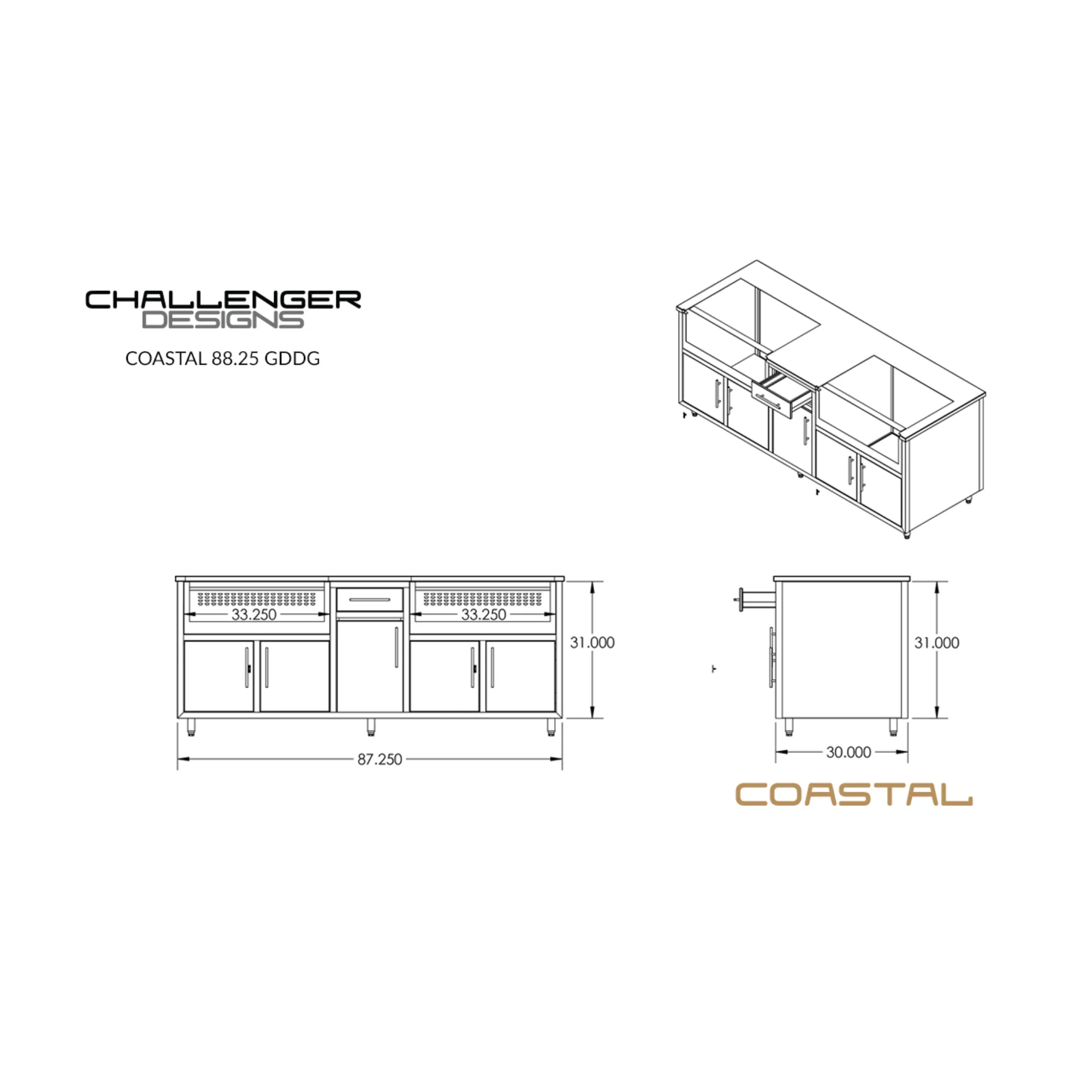 Challenge Designs Coastal 88.25 GDDG Powder Coated Aluminum Kitchen Island for Two 36-Inch Grills - Image 2