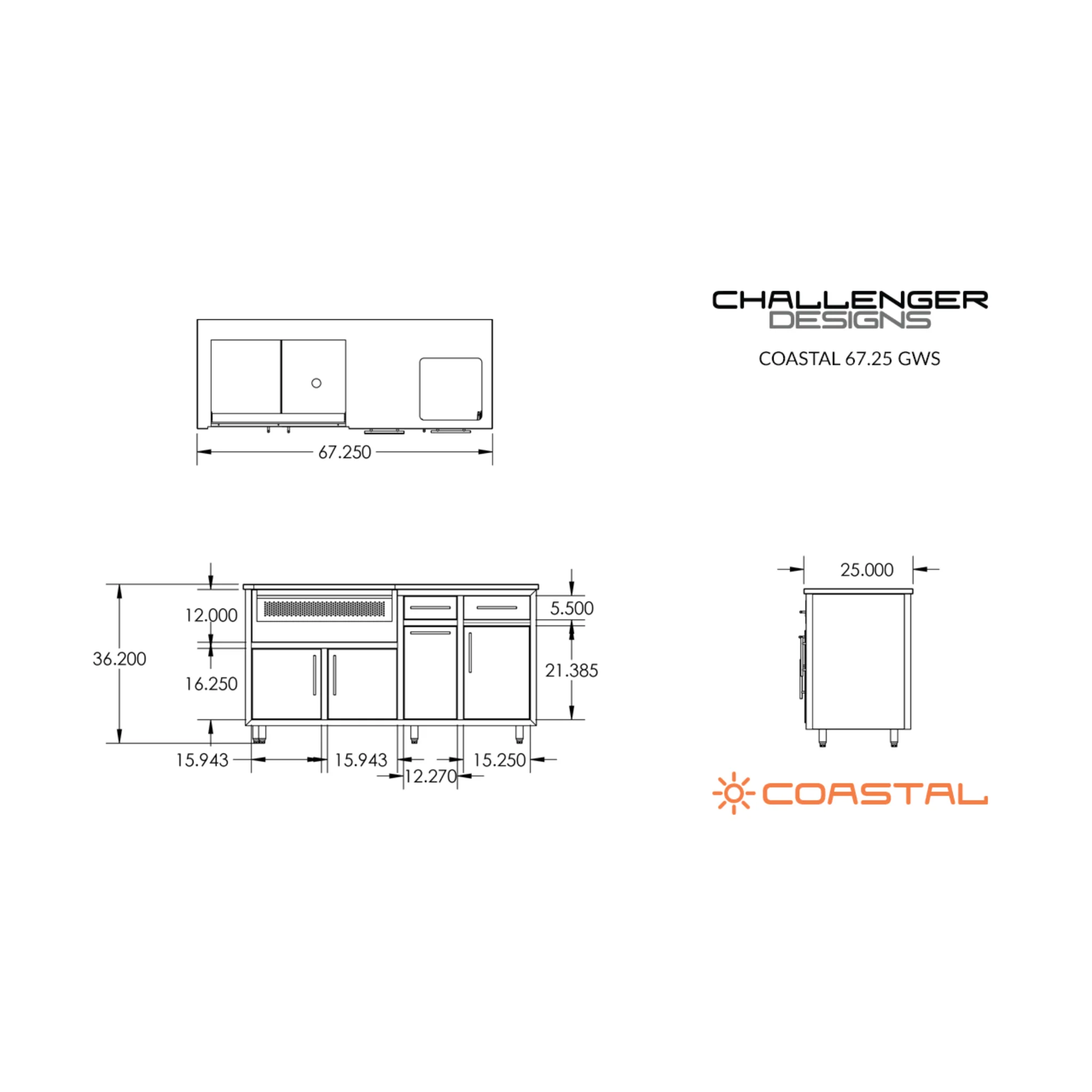 Challenger Designs Coastal 67.25 GWS Powder Coated Aluminum Kitchen Island for 32 Inch Gas Grill with Sink Base - Image 3