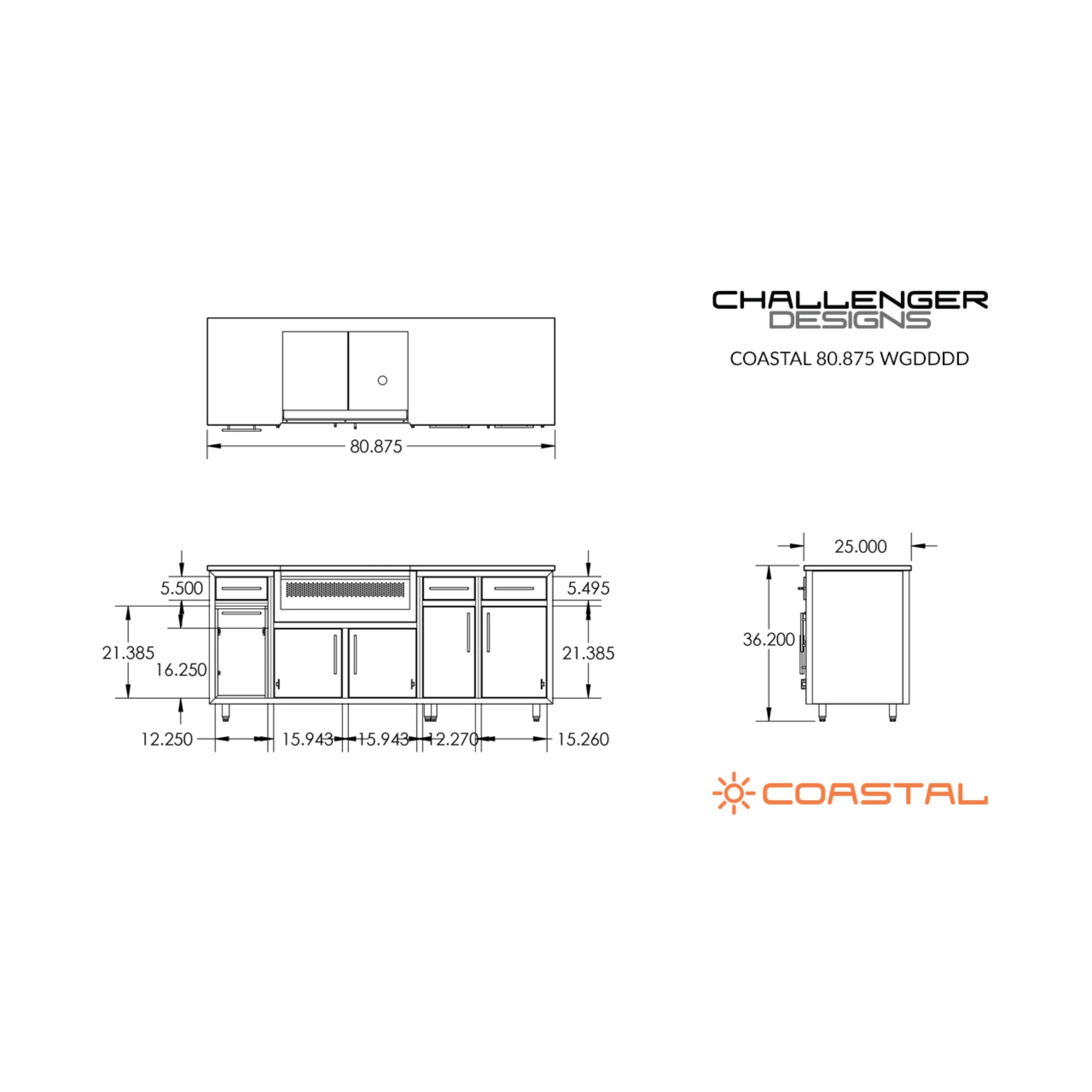 Challenger Designs Coastal 80.875 WGDDDD Powder Coated Aluminium Kitchen Island for 32 Inch Gas Grill with Double Shelf - Image 3