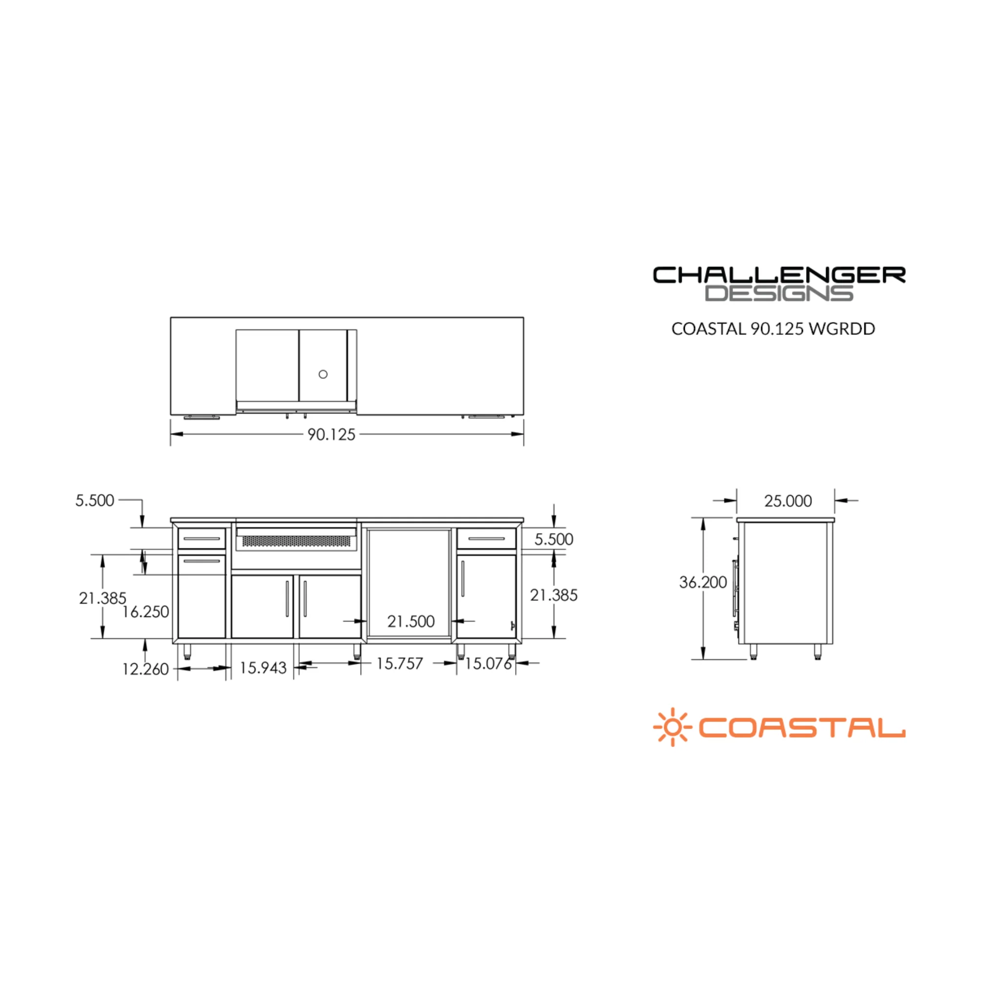 Challenger Designs Coastal 90.125 WGRDD Powder Coated Aluminium Kitchen Island for 32 Inch Gas Grill with Refrigerator Opening - Image 3