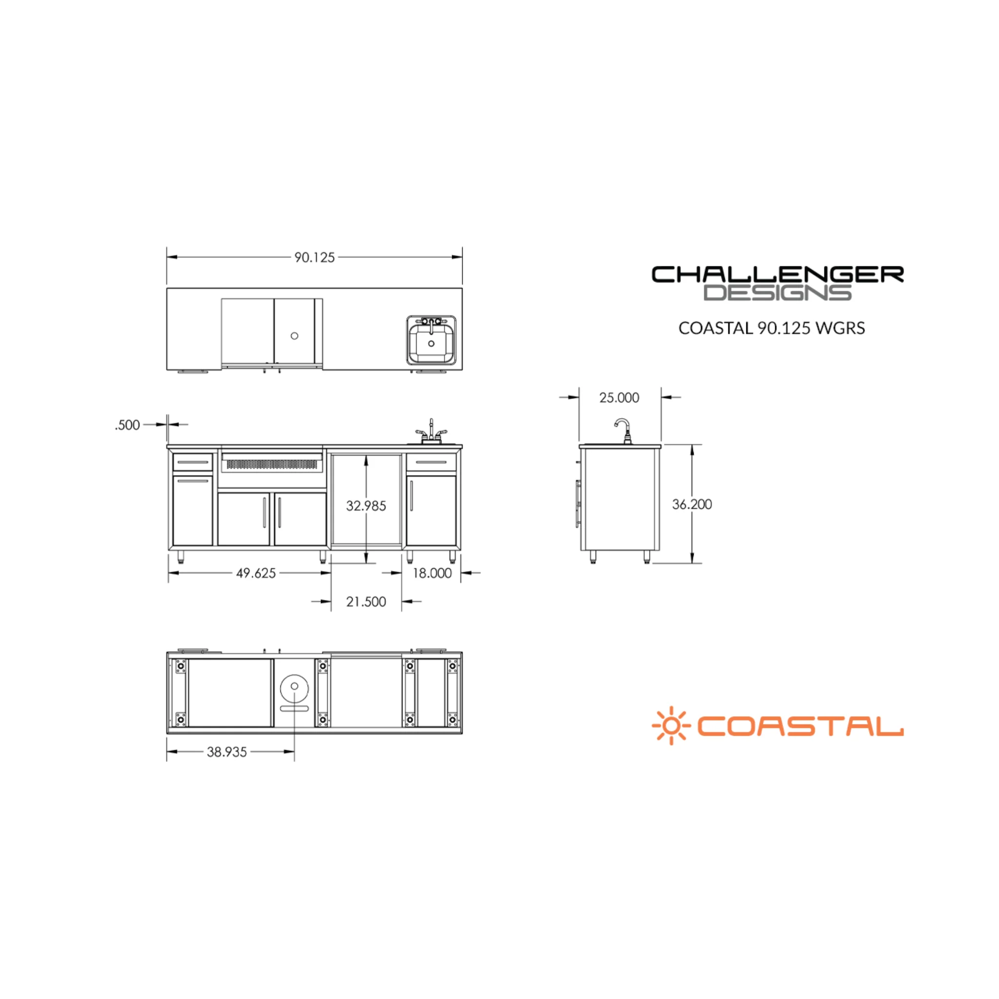 Challenger Designs Coastal 90.125 WGRS Powder Coated Aluminium Kitchen Island for 32 Inch Gas Grill with Refrigerator Opening and Sink Base - Image 3