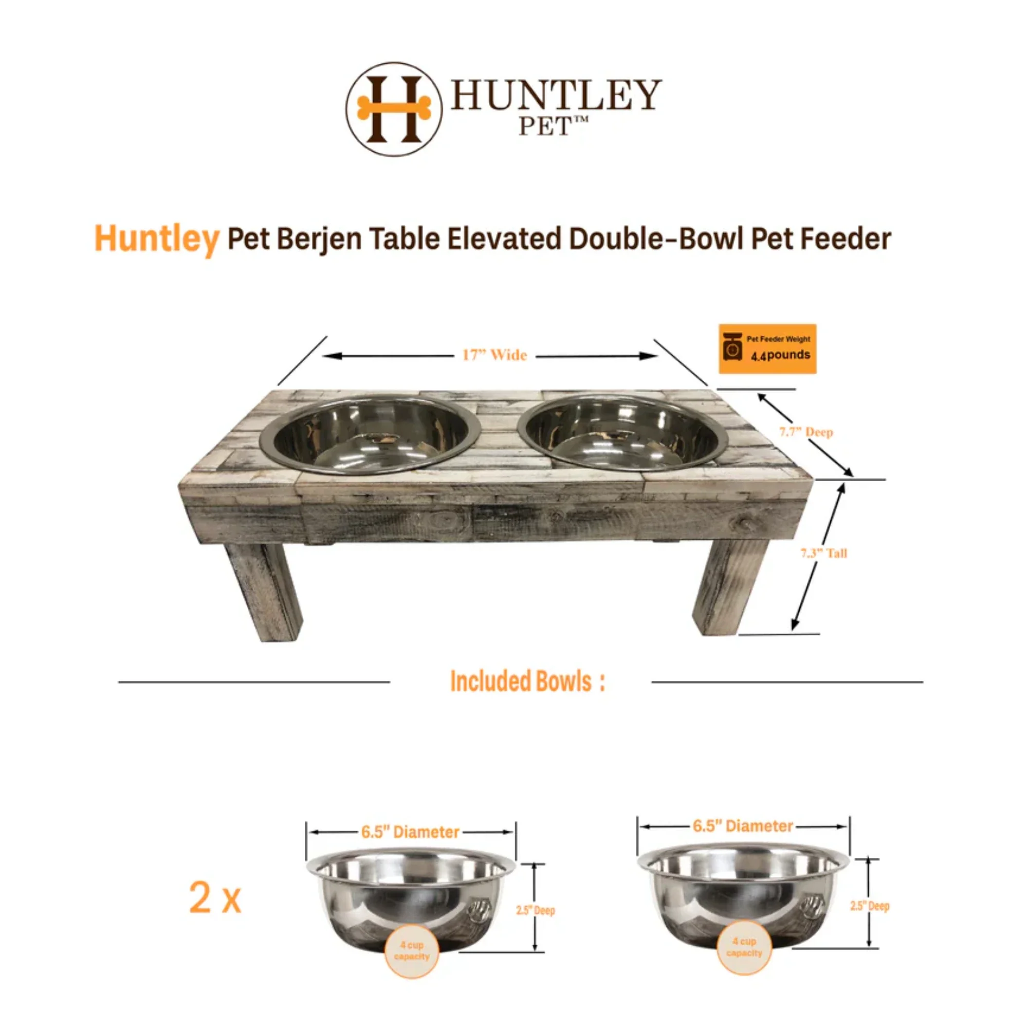 Huntley Pet Berjen Table Small Double Feeder, Whitewash - Image 8