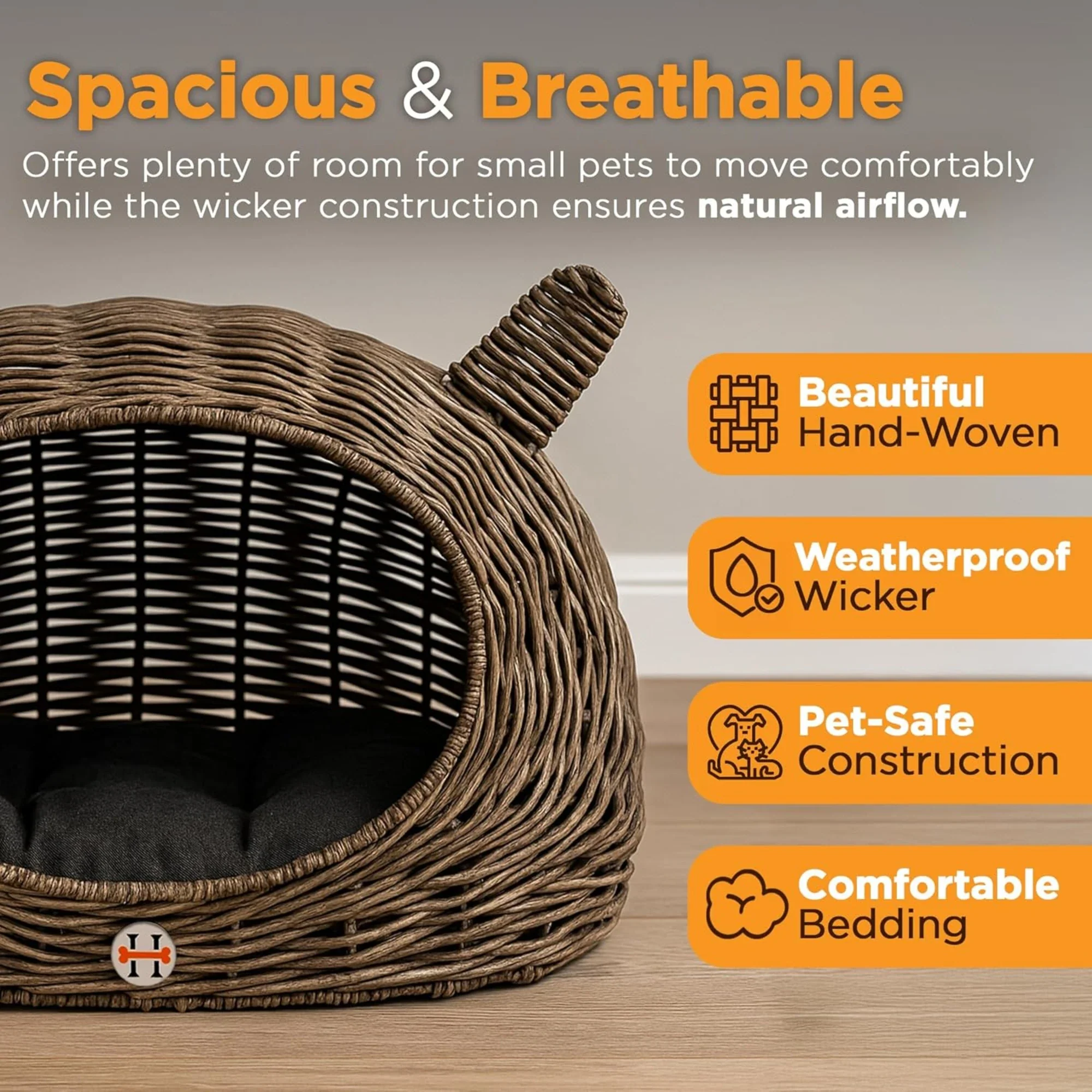 Huntley Pet Wicker Cat Shaped Play House Pet Bed w/ Cushion - Image 2