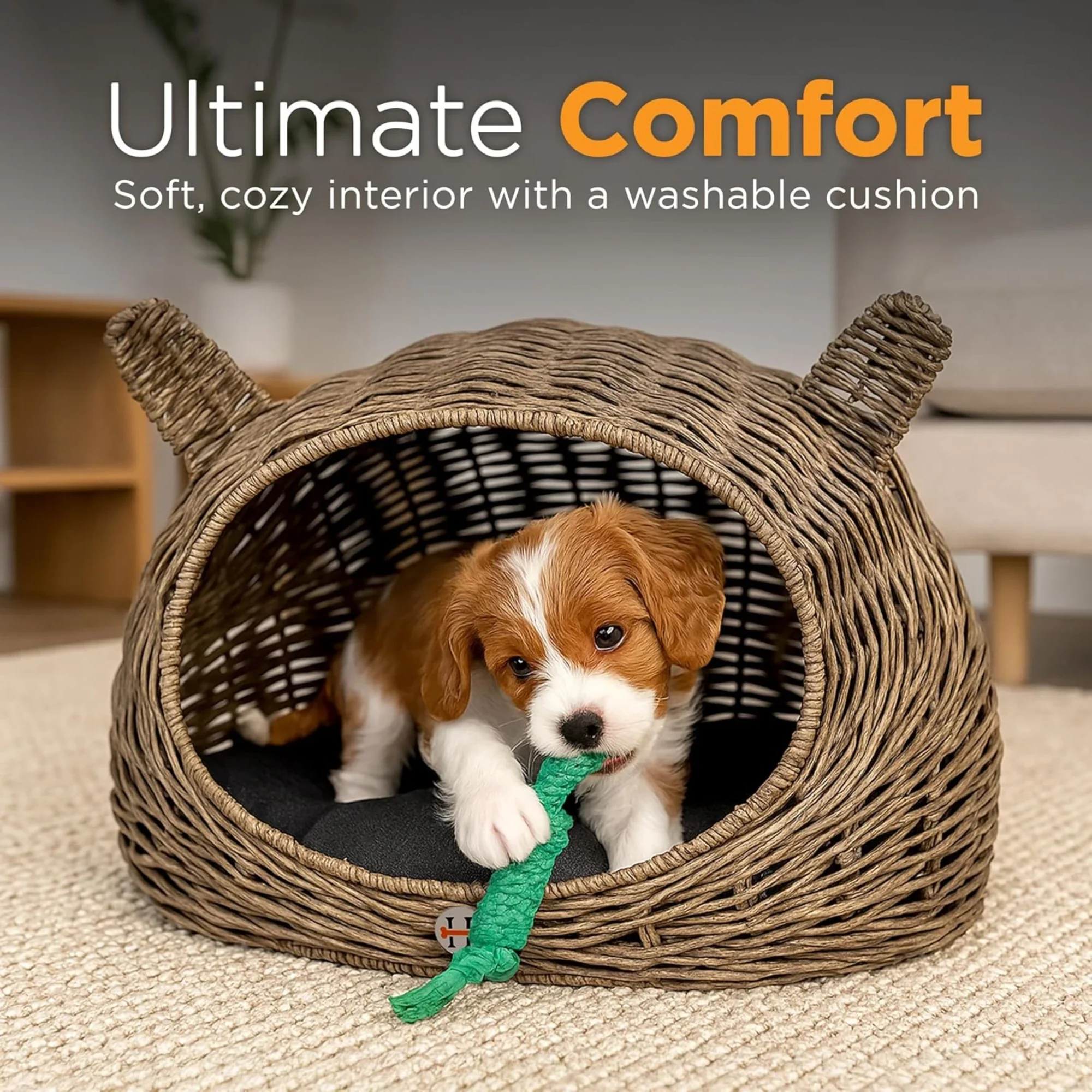 Huntley Pet Wicker Cat Shaped Play House Pet Bed w/ Cushion - Image 3