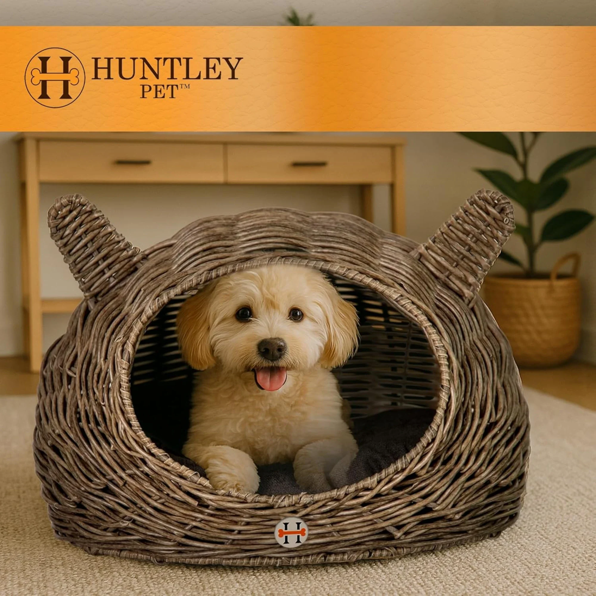 Huntley Pet Wicker Cat Shaped Play House Pet Bed w/ Cushion - Image 5