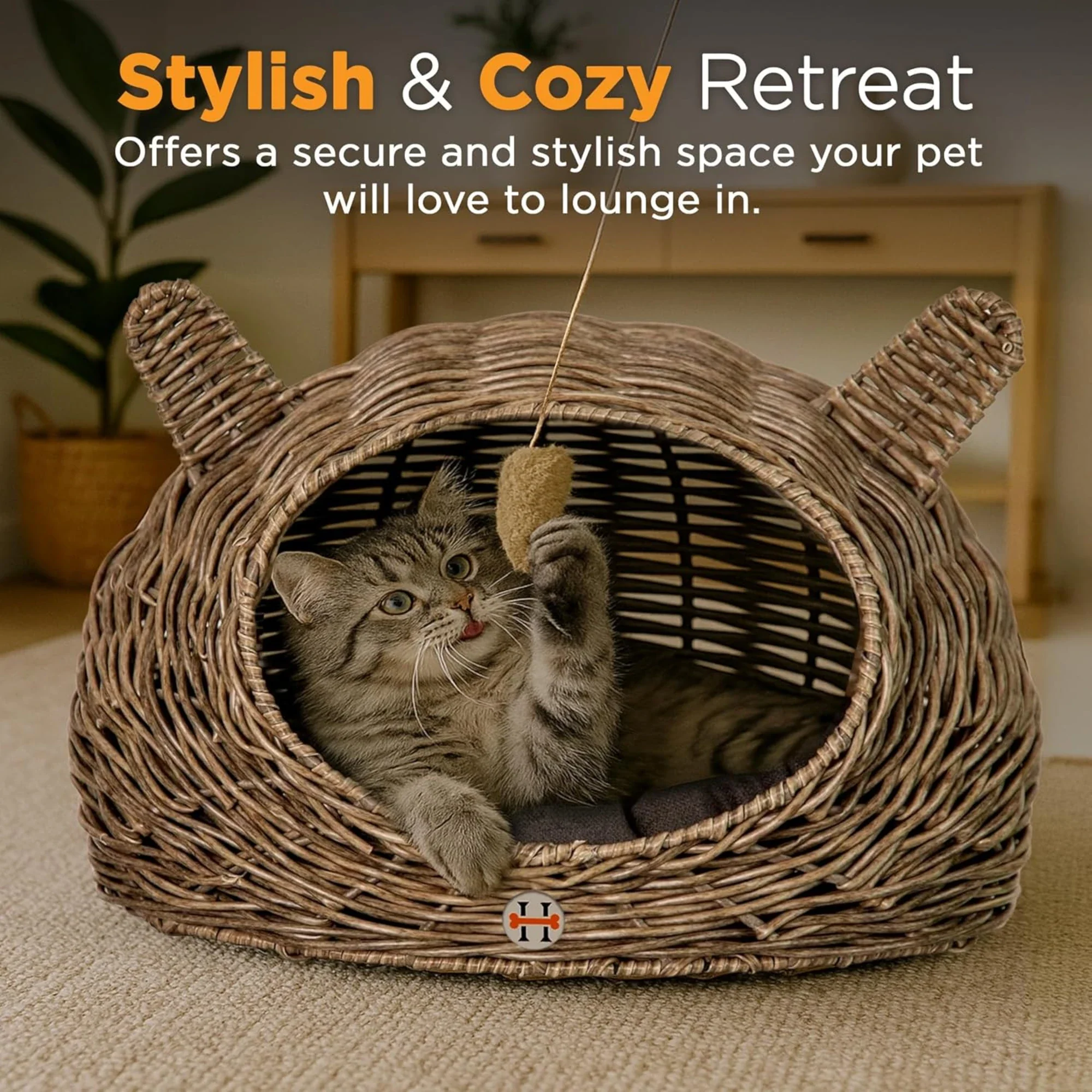 Huntley Pet Wicker Cat Shaped Play House Pet Bed w/ Cushion - Image 6