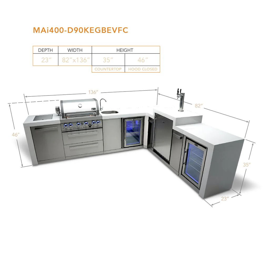 Mont Alpi MAi400-D90KEGBEVFC Propane 4-Burner Deluxe Island with 90-Degree Corner, Kegerator, Beverage Center & Fridge Cabinet - Image 4