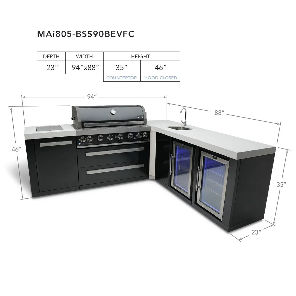 Mont Alpi MAi805-BSS90BEVFC Black, Propane 6-Burner Island with 90-Degree Corner , Beverage Center & Fridge Cabinet - Image 2