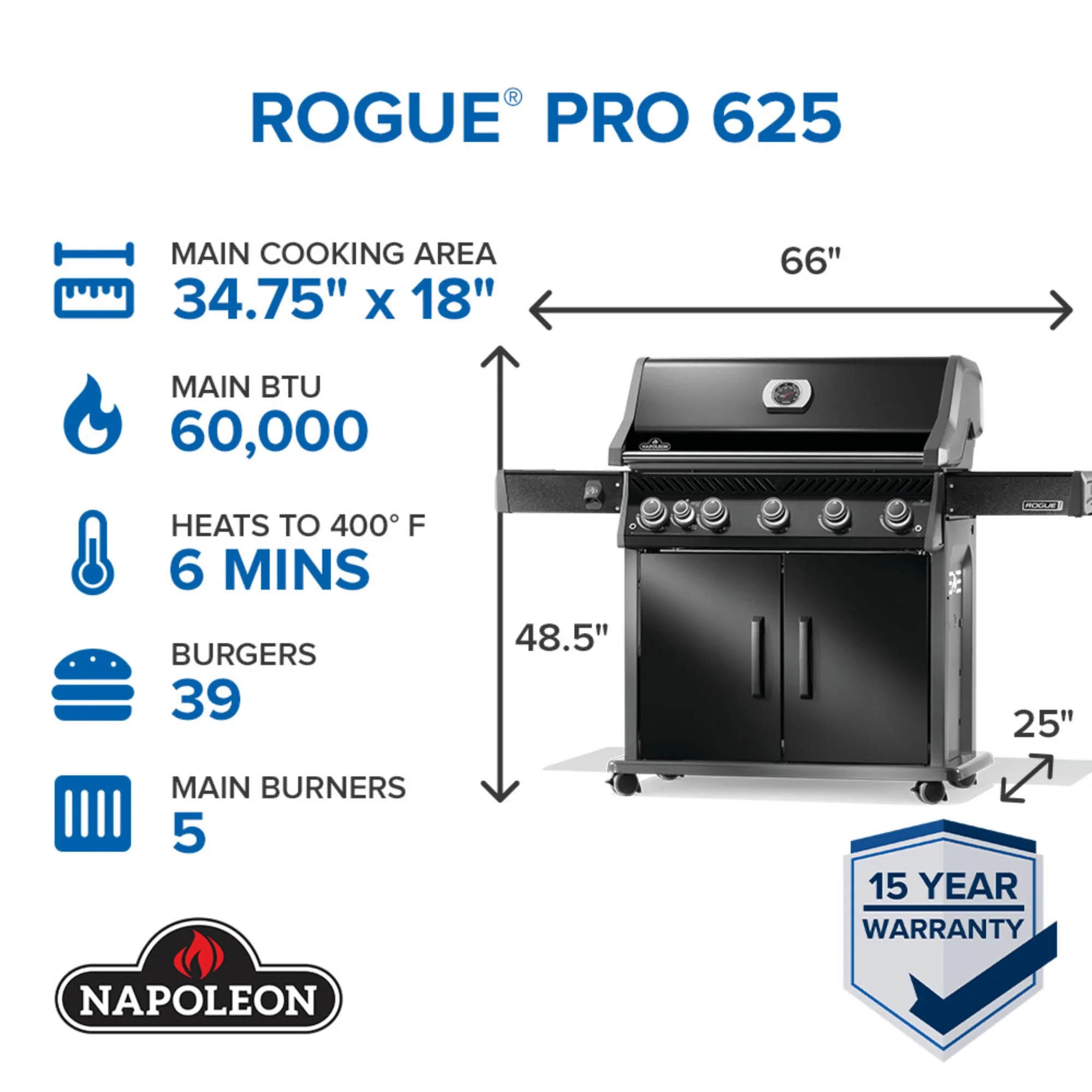 Napoleon Rogue PRO 625 SIB Black Freestanding Gas Grill w/ Infrared Side Burner - Image 2