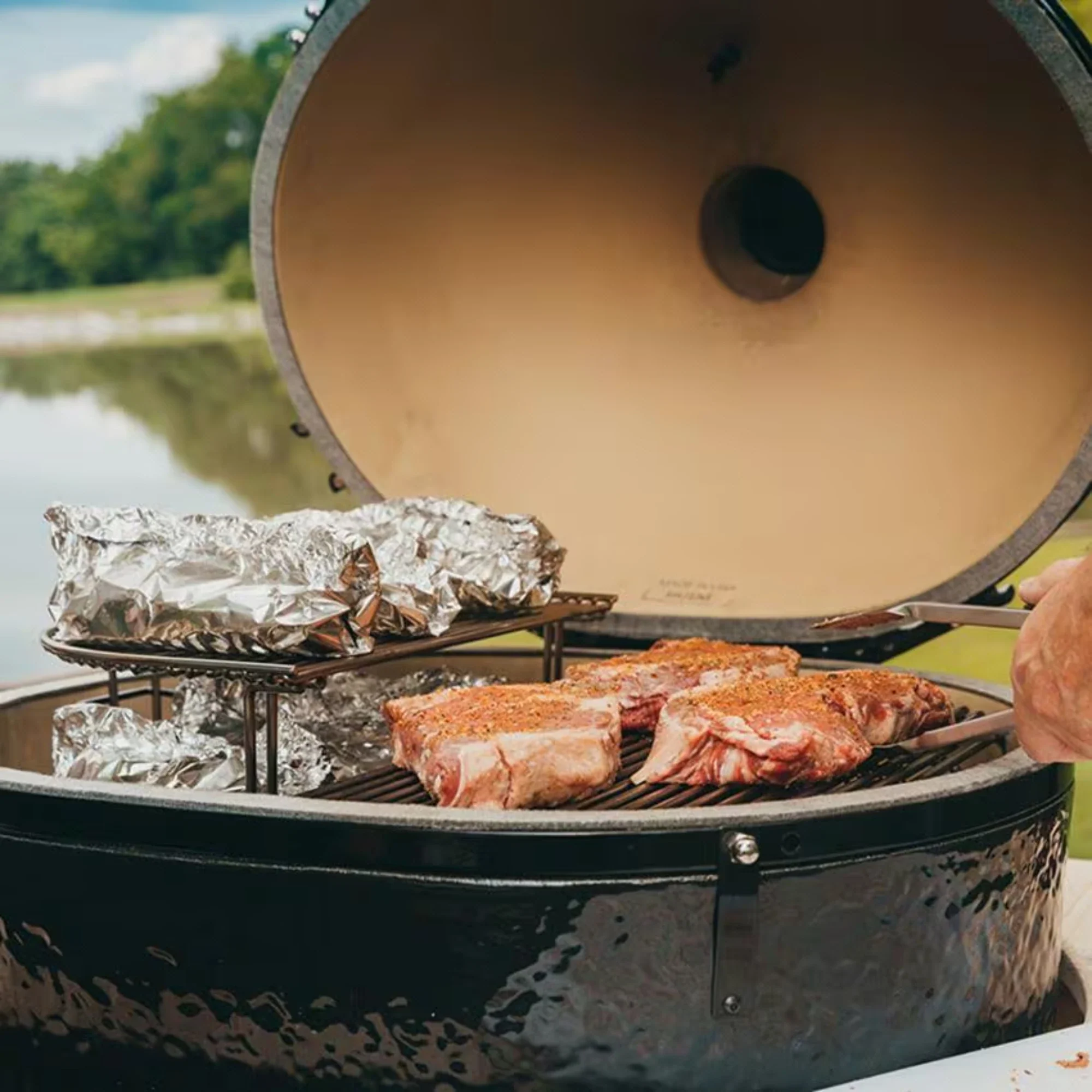 Primo Jack Daniels Edition Oval XL 400 Ceramic Kamado Grill On Curved Cypress Table w/ Stainless Steel Grates - Image 3