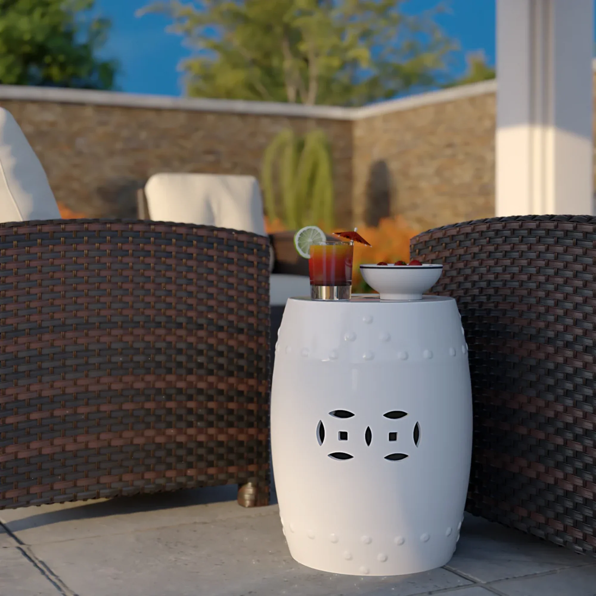Well Traveled Living Double-Medallion Ceramic Stool in Optic White - Image 8