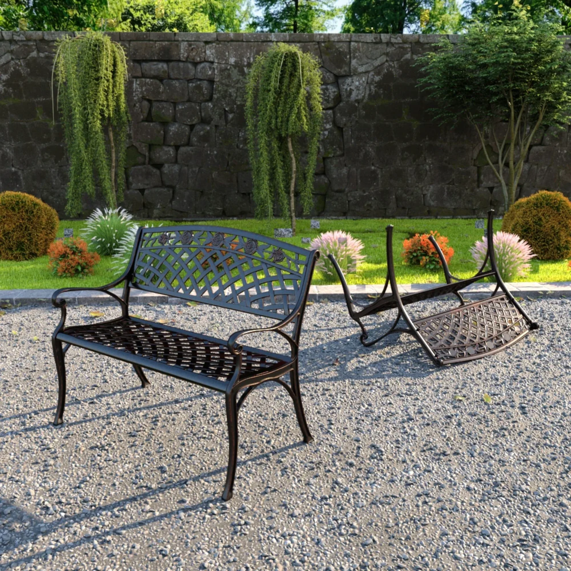Well Traveled Living Scarlet Aluminum Patio Bench in Antique Bronze - Image 7